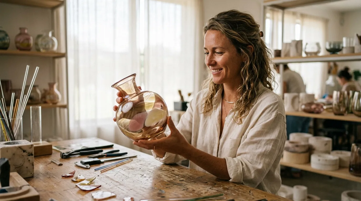 Femme souriante tenant un vase en verre dans son atelier