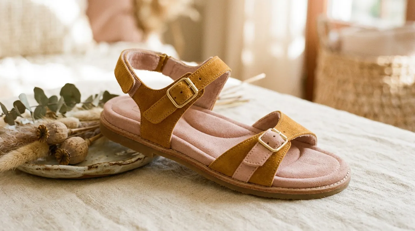 Sandales marron et rose avec boucles sur surface claire