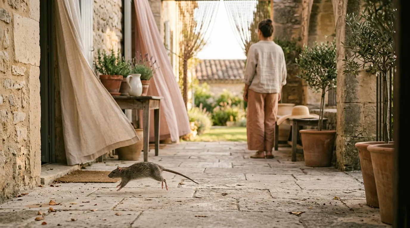 Rat traversant une ruelle pavée entre murs de pierre