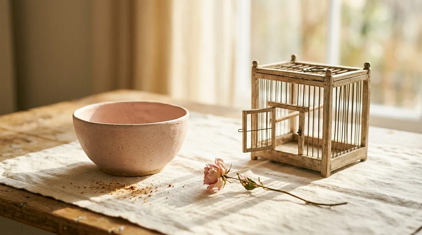 Bol en céramique, cage en bois et fleur rose sur tissu