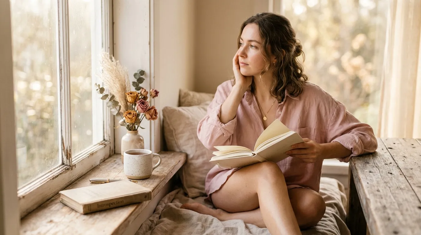 Femme lisant pr&egrave;s d'une fen&ecirc;tre avec caf&eacute; et fleurs