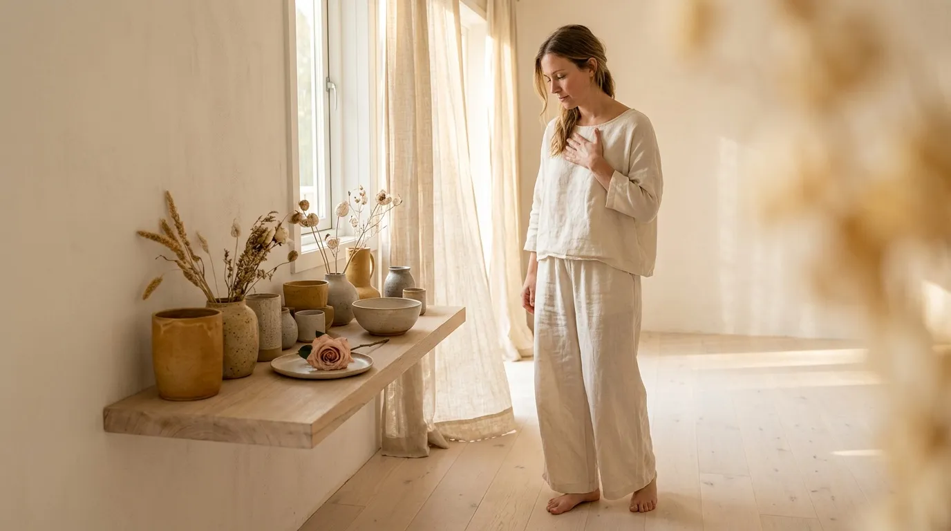 Femme enceinte en tenue beige contemplant d&eacute;coration florale