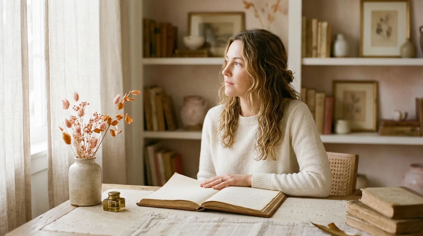 Femme lisant un livre ancien à sa table de travail