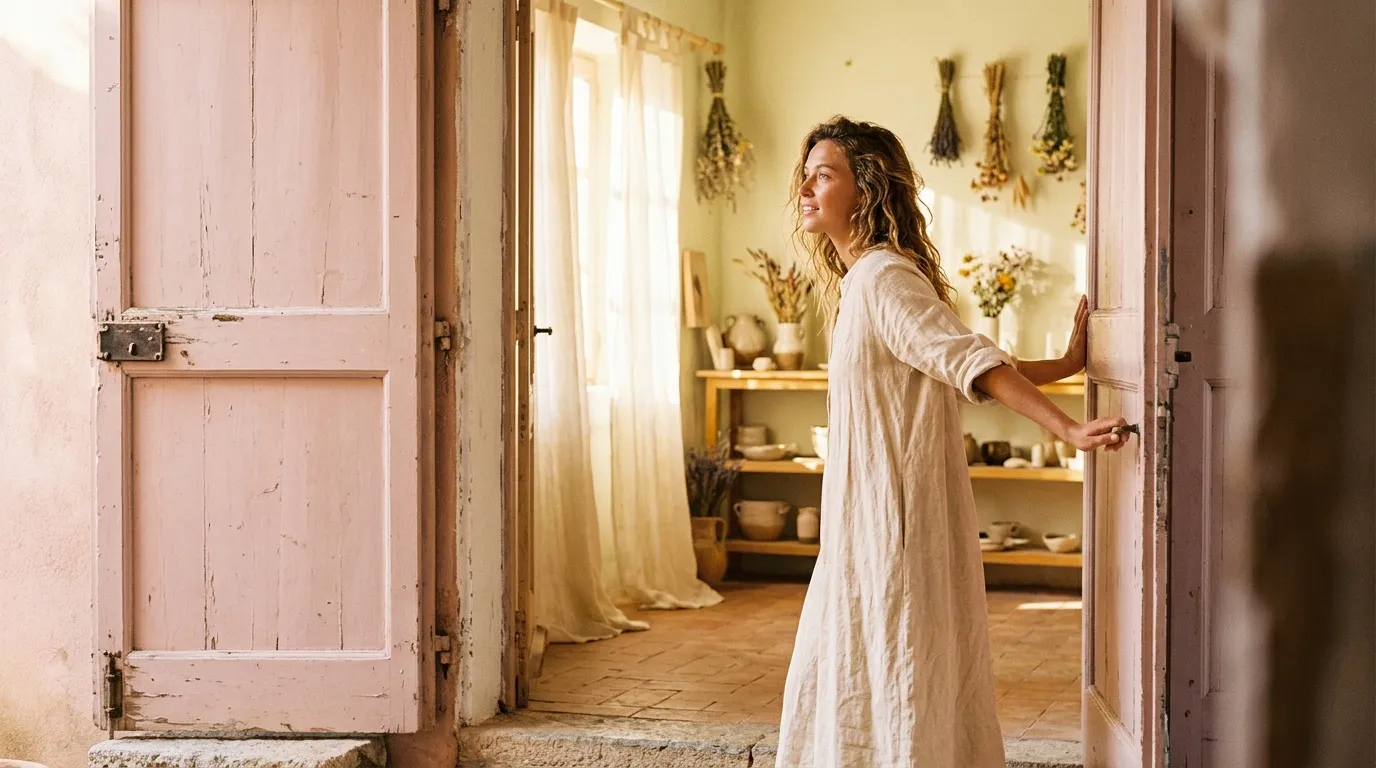 Femme v&ecirc;tue de blanc dans une maison ensoleill&eacute;e avec fleurs s&eacute;ch&eacute;es