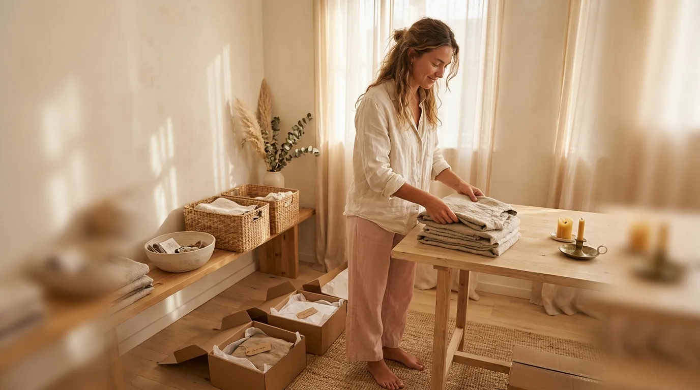 Femme organisant des v&ecirc;tements dans un int&eacute;rieur &eacute;pur&eacute;