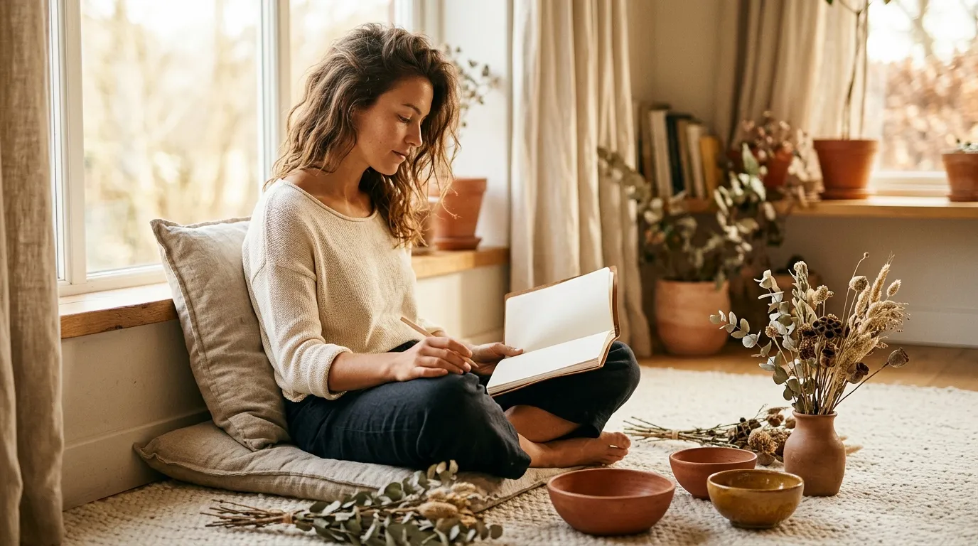 Femme lisant un livre assis pr&egrave;s d'une fen&ecirc;tre ensoleill&eacute;e