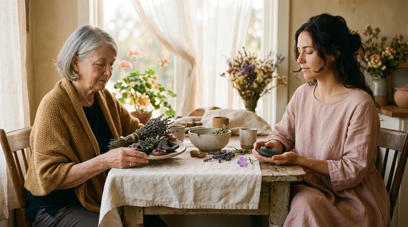 Femme &acirc;g&eacute;e et jeune femme examinent plantes s&eacute;ch&eacute;es ensemble
