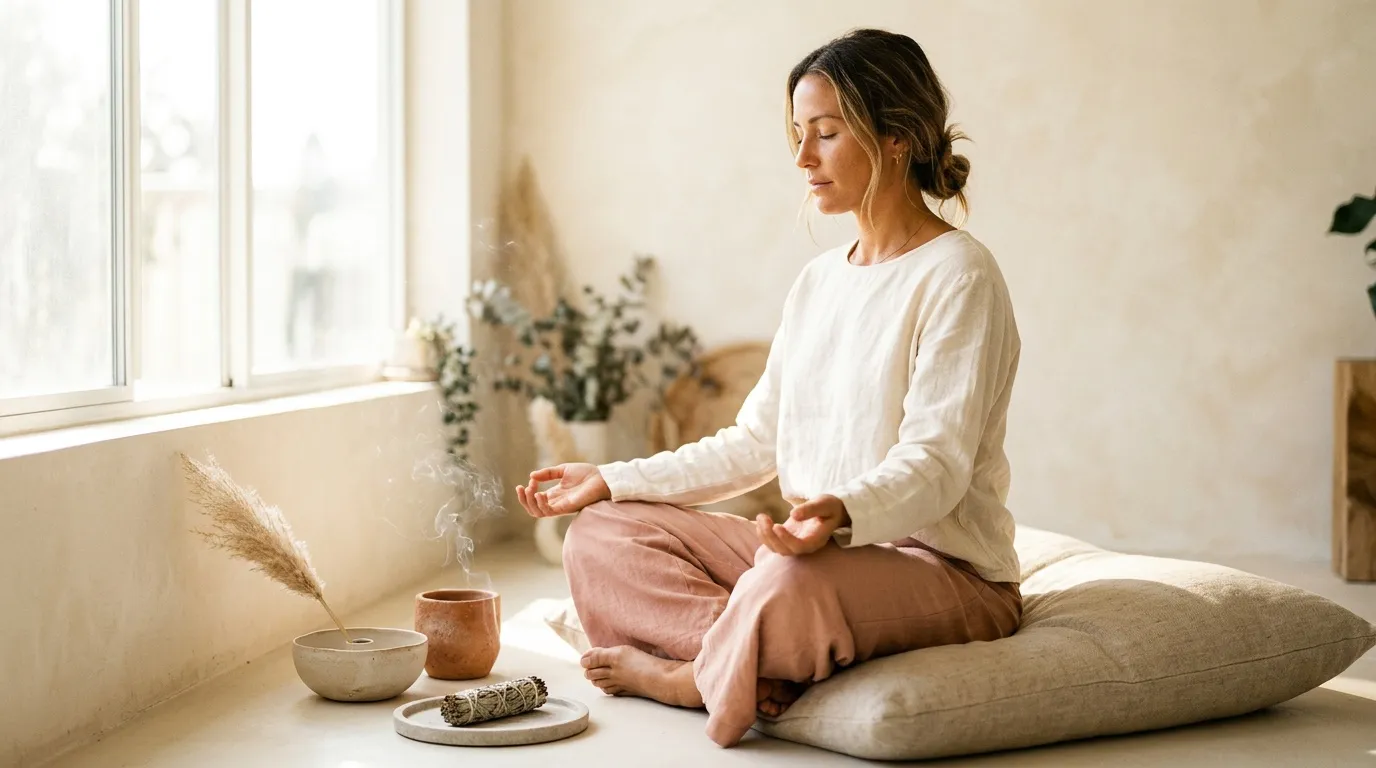 Femme m&eacute;ditant assise pr&egrave;s d'une fen&ecirc;tre ensoleill&eacute;e