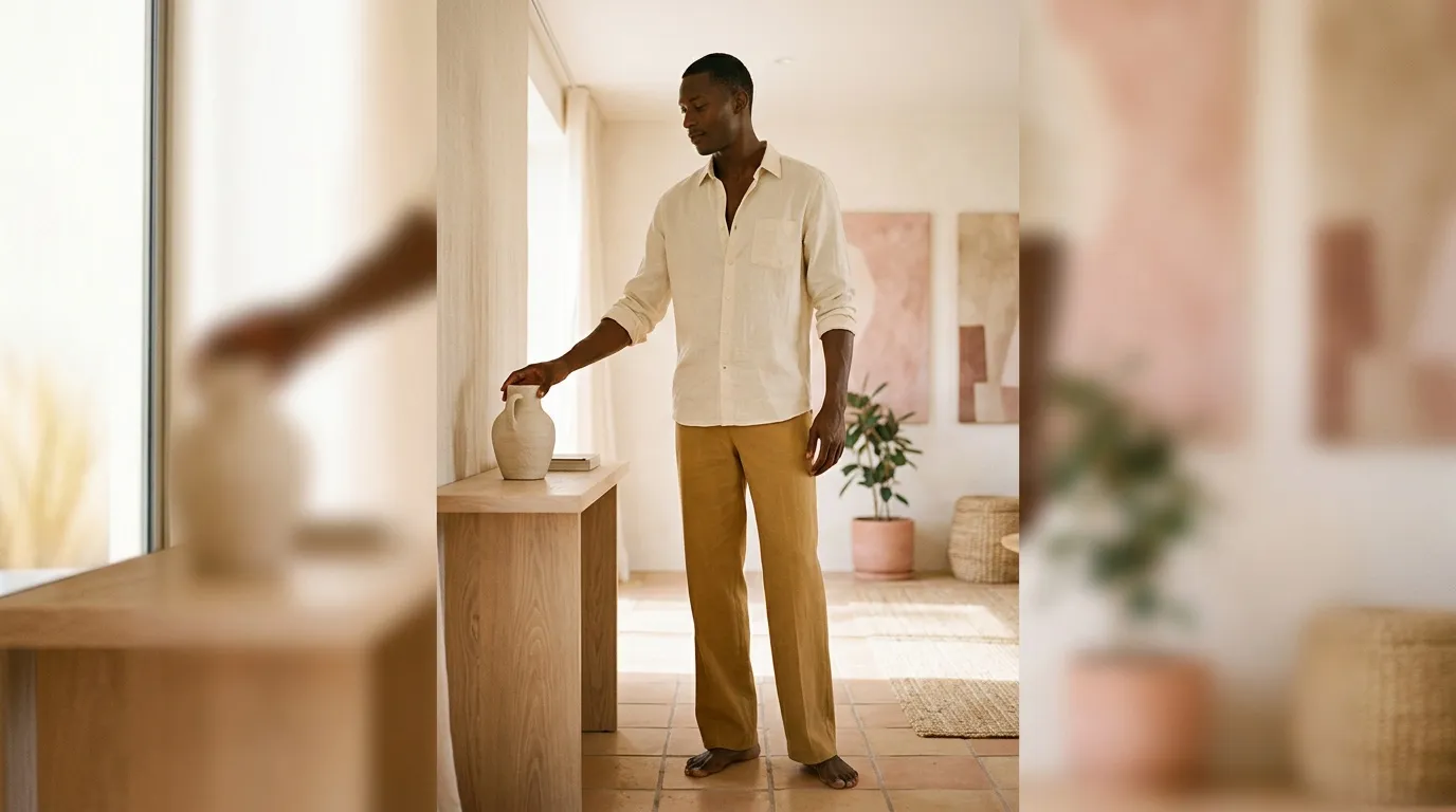 Homme en chemise blanche touchant un vase sur un meuble