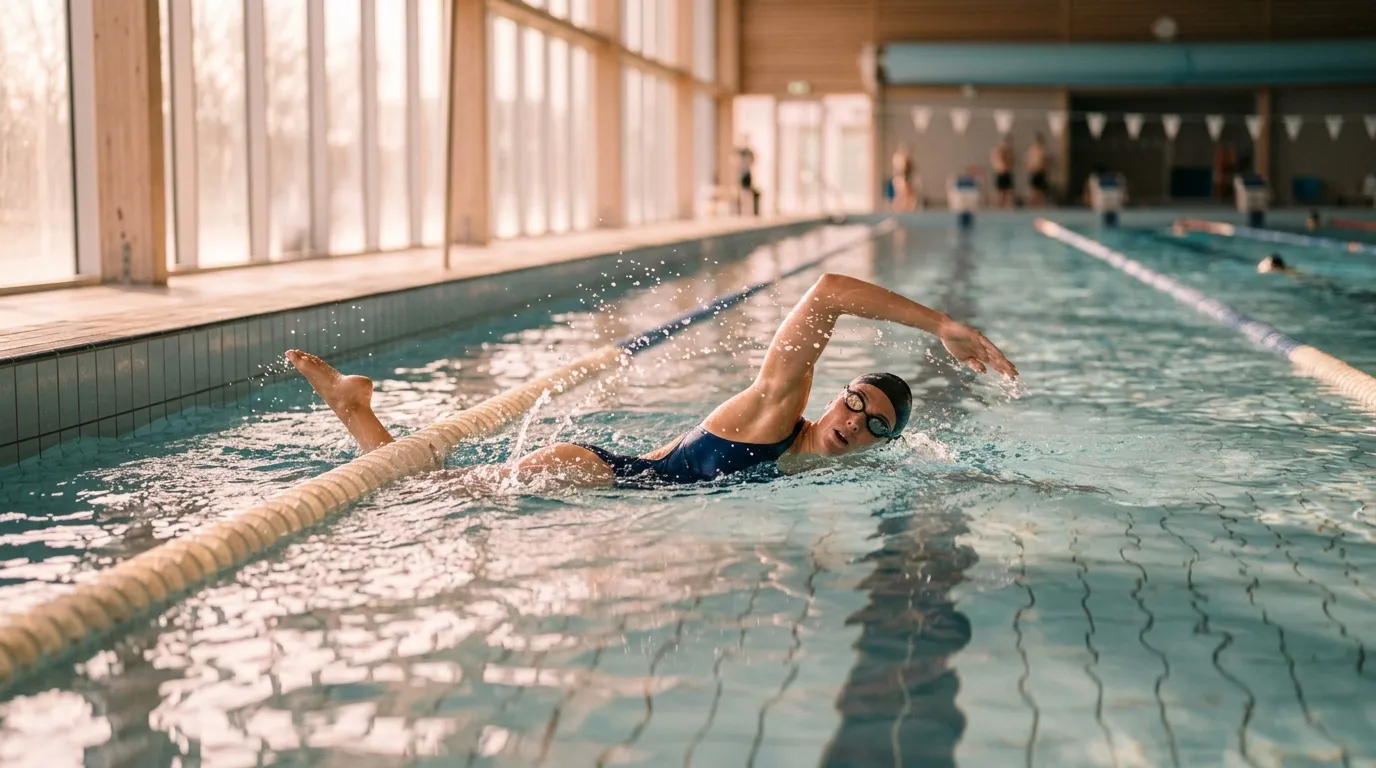 Nageur effectue un crawl dans une piscine couverte