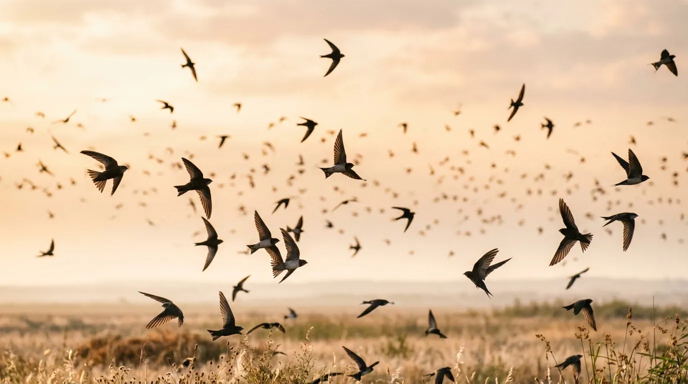 Nombreux oiseaux noirs volant ensemble au-dessus champs dorés