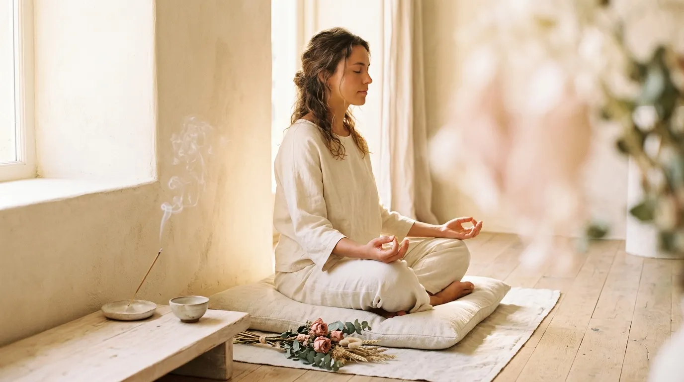 Femme en méditation assise près d'une fenêtre lumineuse