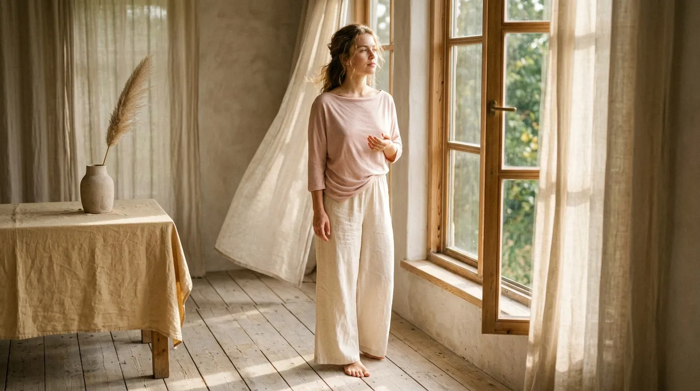 Femme en vêtements clairs regardant par la fenêtre ensoleillée