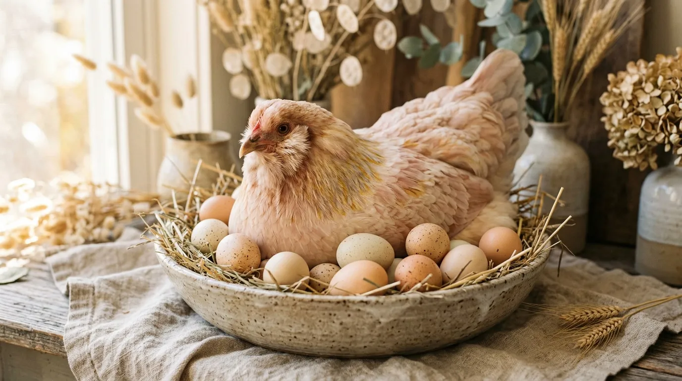 Poule beige entourée d'œufs dans un panier rustique