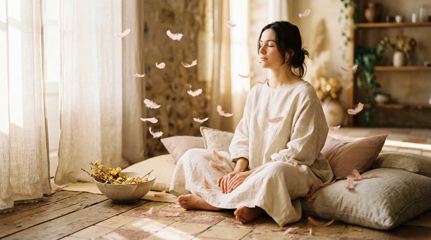 Femme assise sur un lit, plumes roses flottent autour d'elle