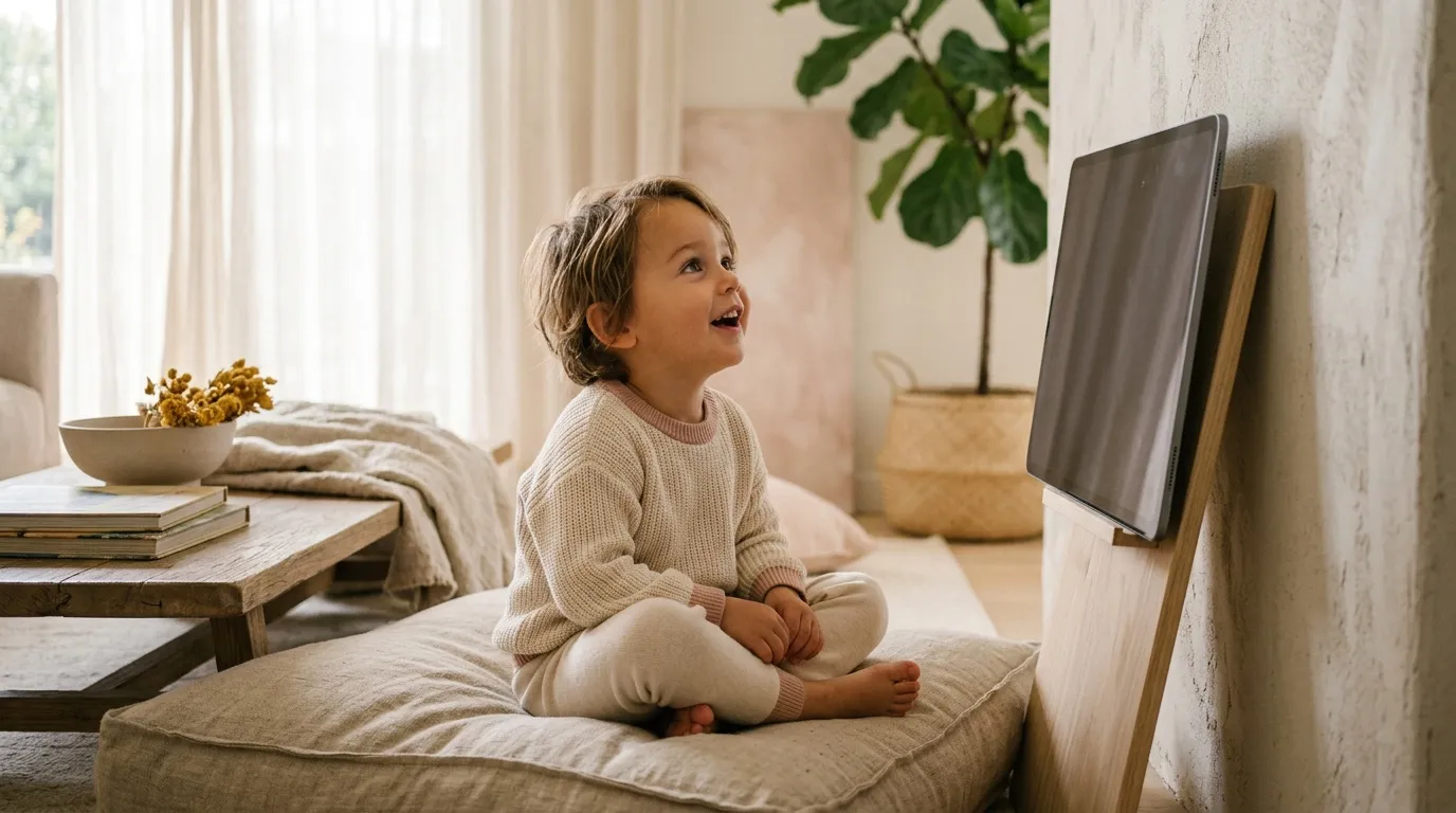 Petit enfant assis sur un lit, regardant la télévision avec intérêt