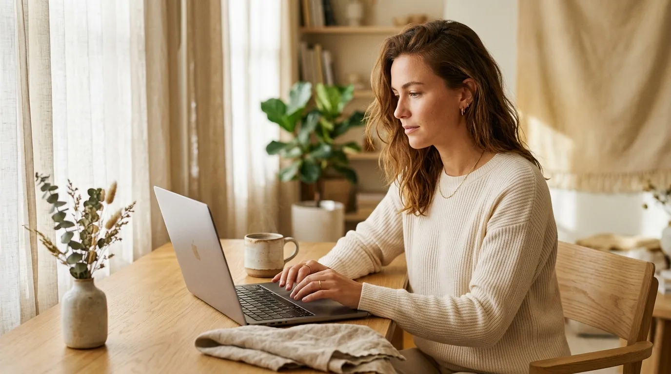 Femme en pull beige tapant sur laptop à son bureau