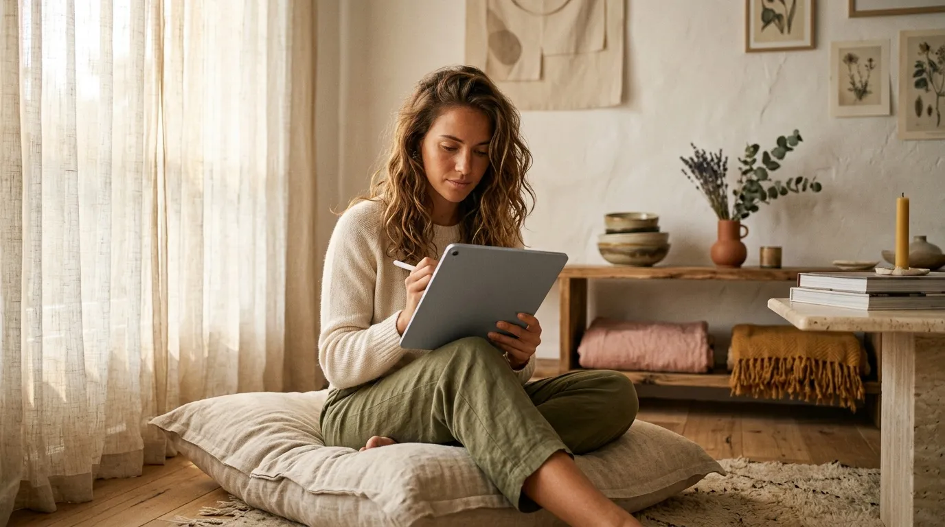 Femme assise sur coussin consultant tablette numérique sereinement