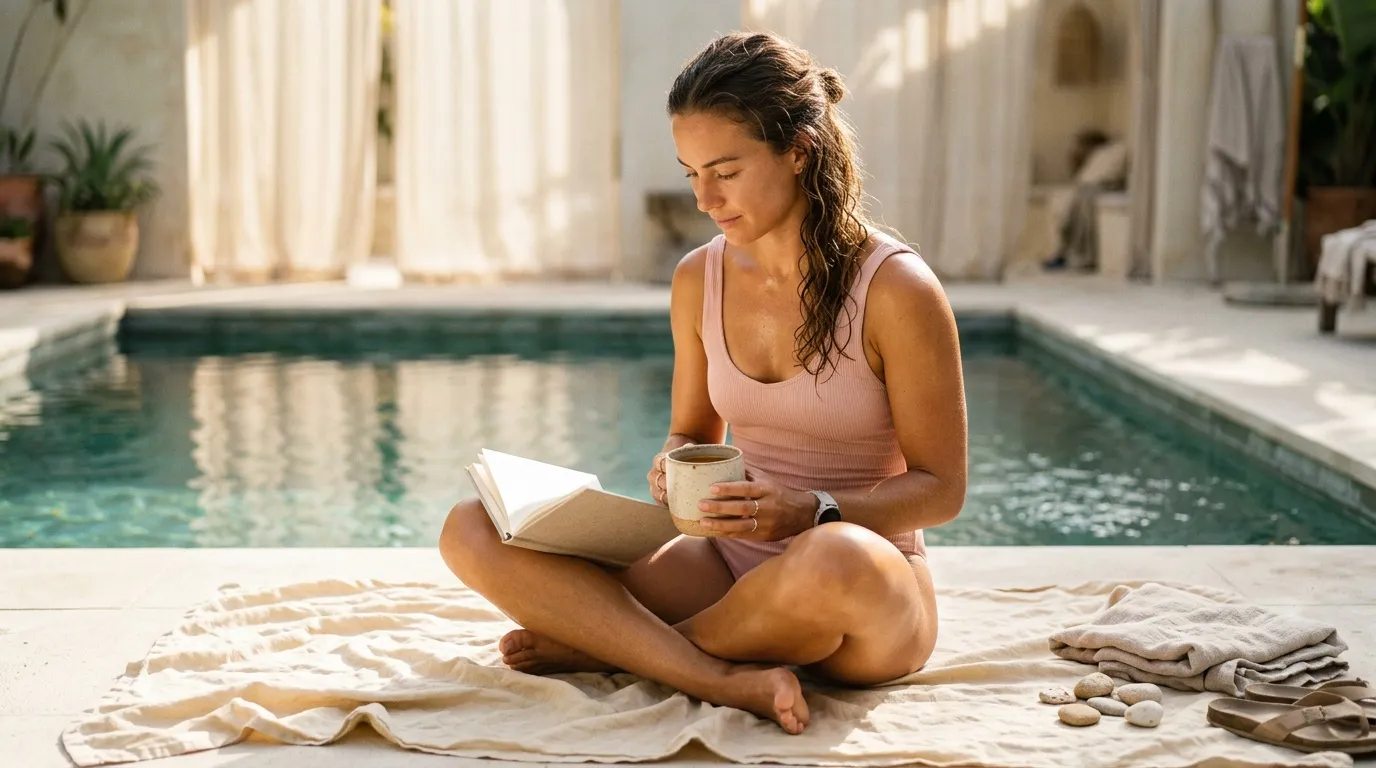 Femme lisant pr&egrave;s d'une piscine avec caf&eacute; chaud
