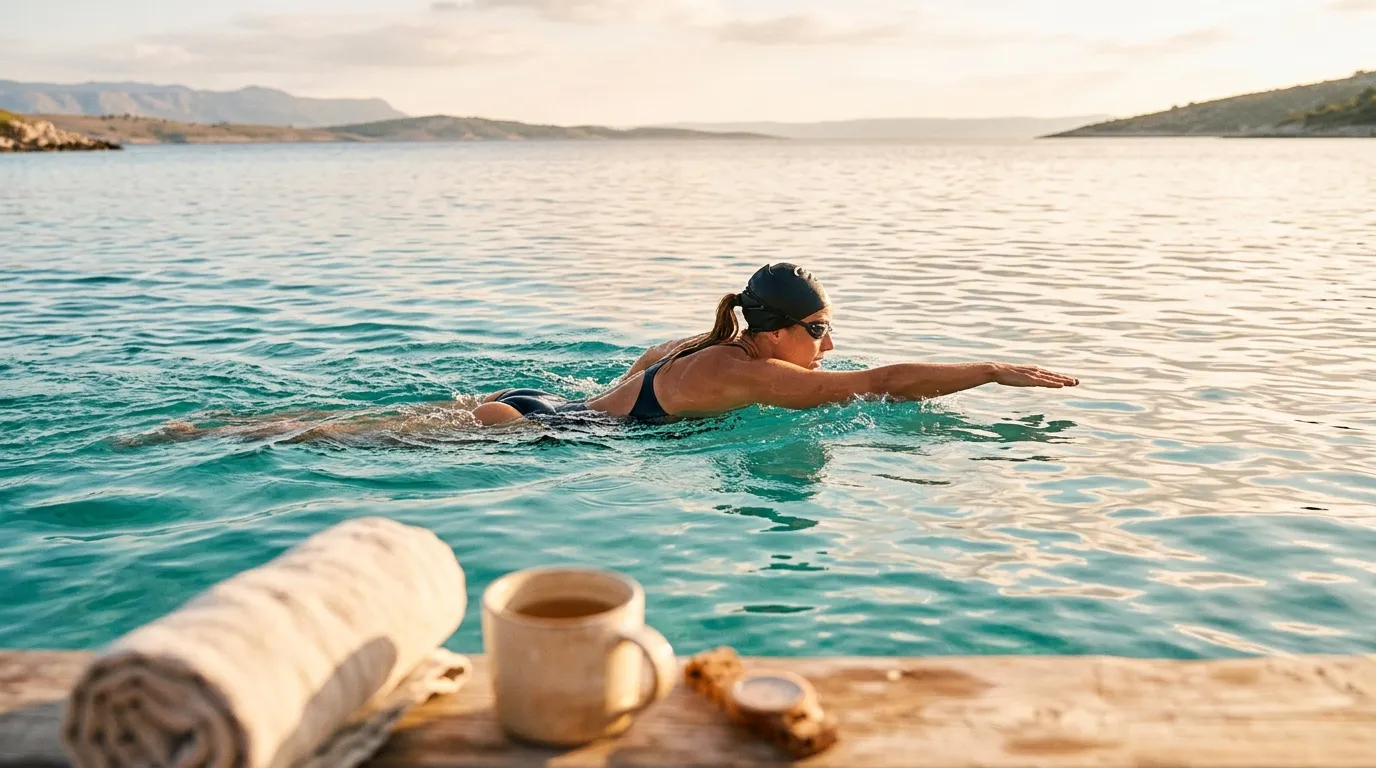 Femme nageant en mer avec caf&eacute; et serviette sur plage