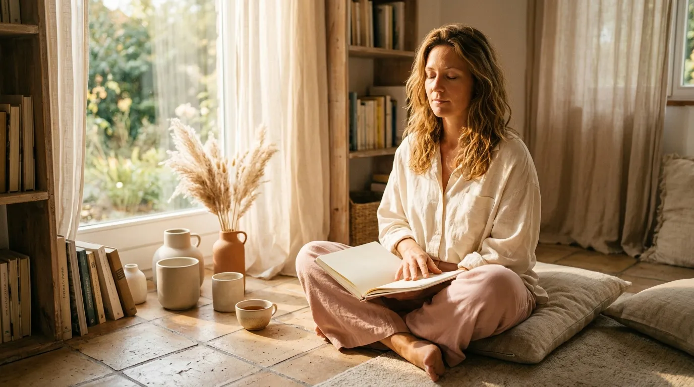 Femme lisant un livre assis pr&egrave;s d'une fen&ecirc;tre ensoleill&eacute;e