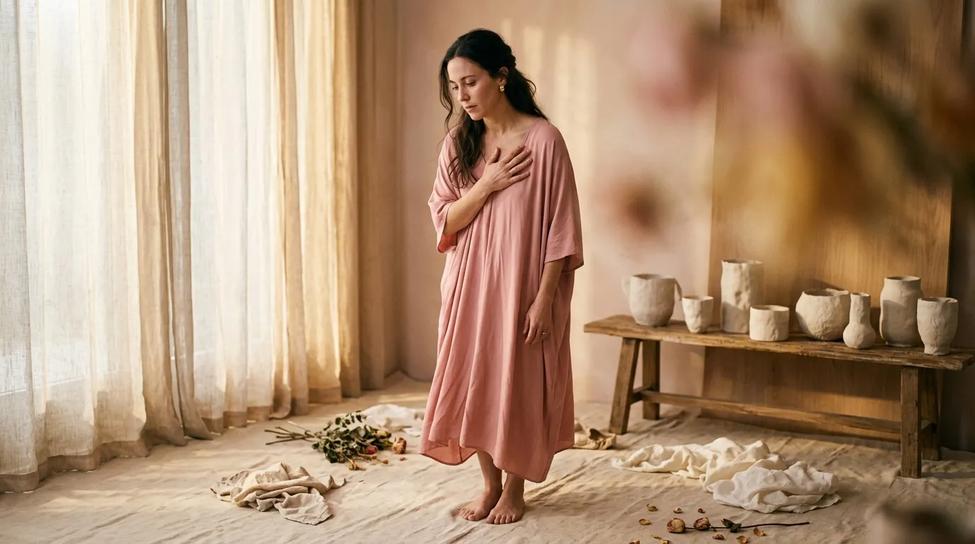 Femme en robe rose méditant dans intérieur zen épuré