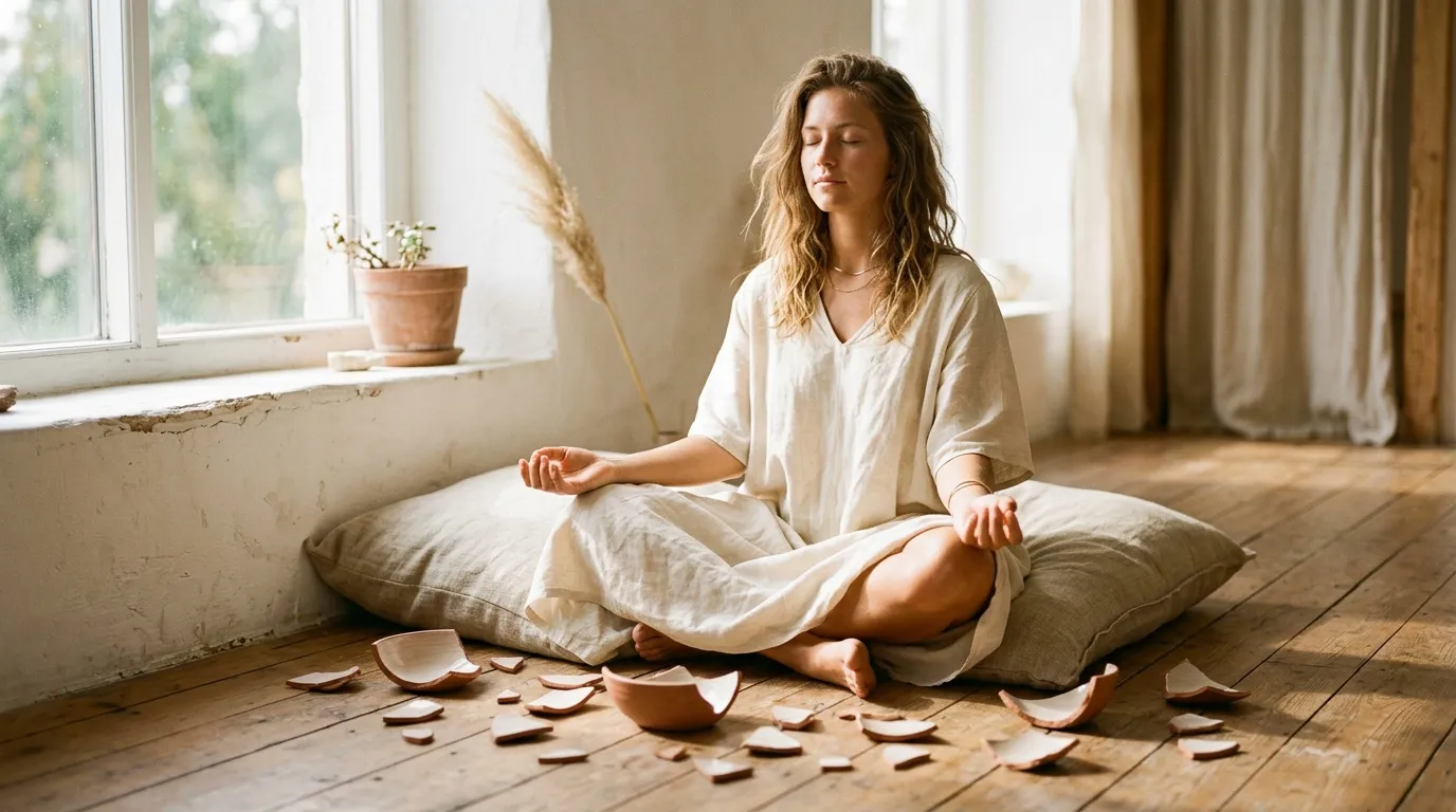 Femme en méditation assise près d'une fenêtre lumineuse