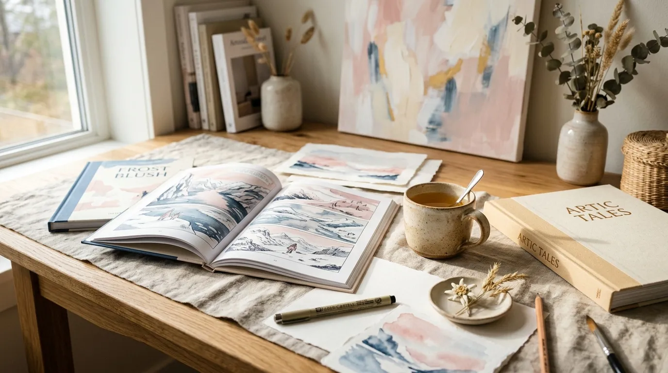 Bureau d'artiste avec livres, aquarelles, caf&eacute; et fleurs s&eacute;ch&eacute;es