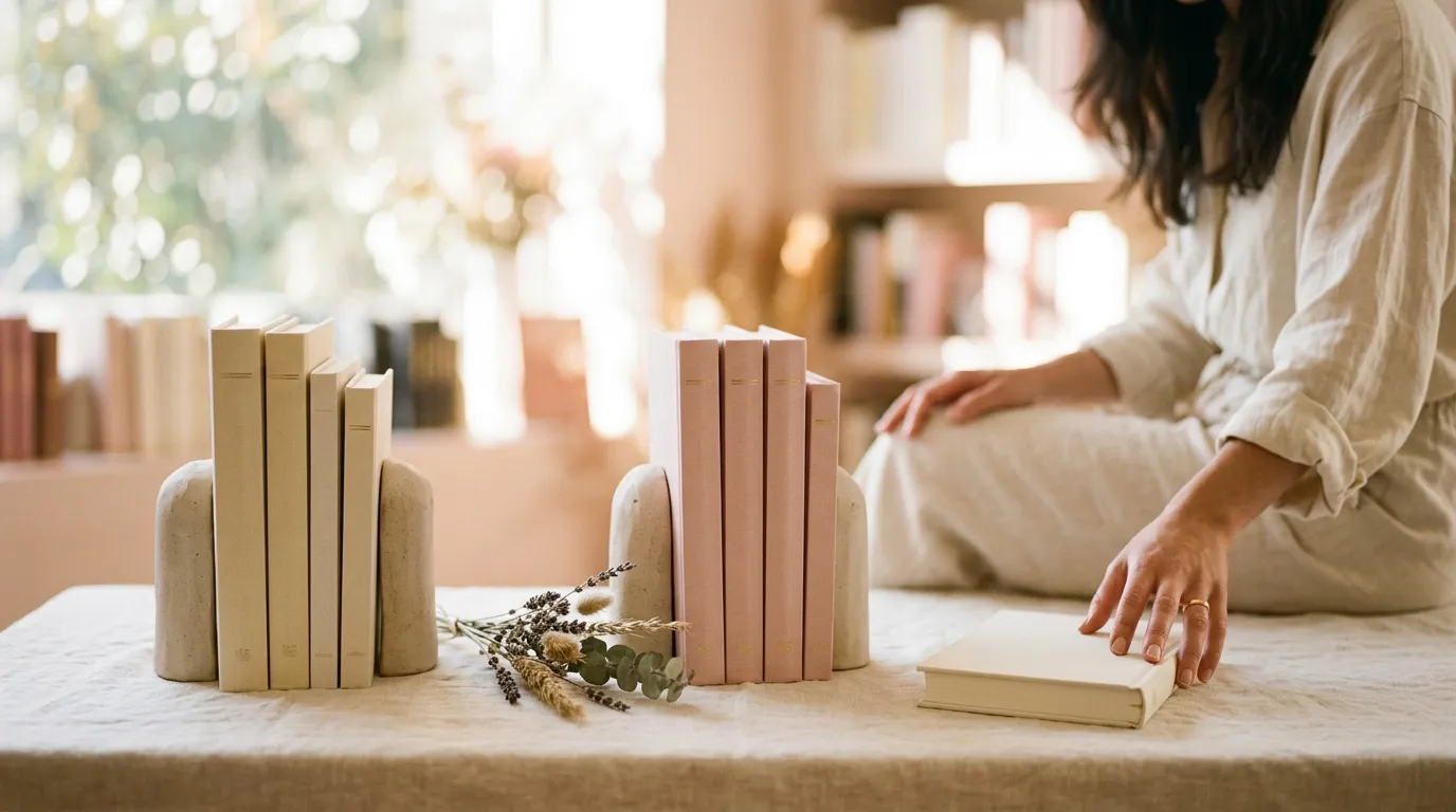 Femme organisant des livres avec serre-livres en marbre.