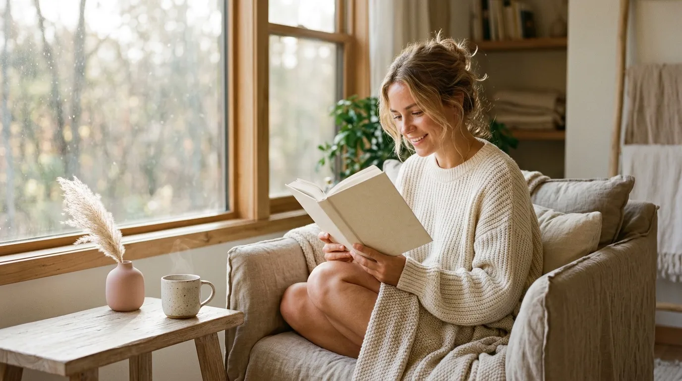 Femme lisant un livre pr&egrave;s d'une fen&ecirc;tre lumineuse