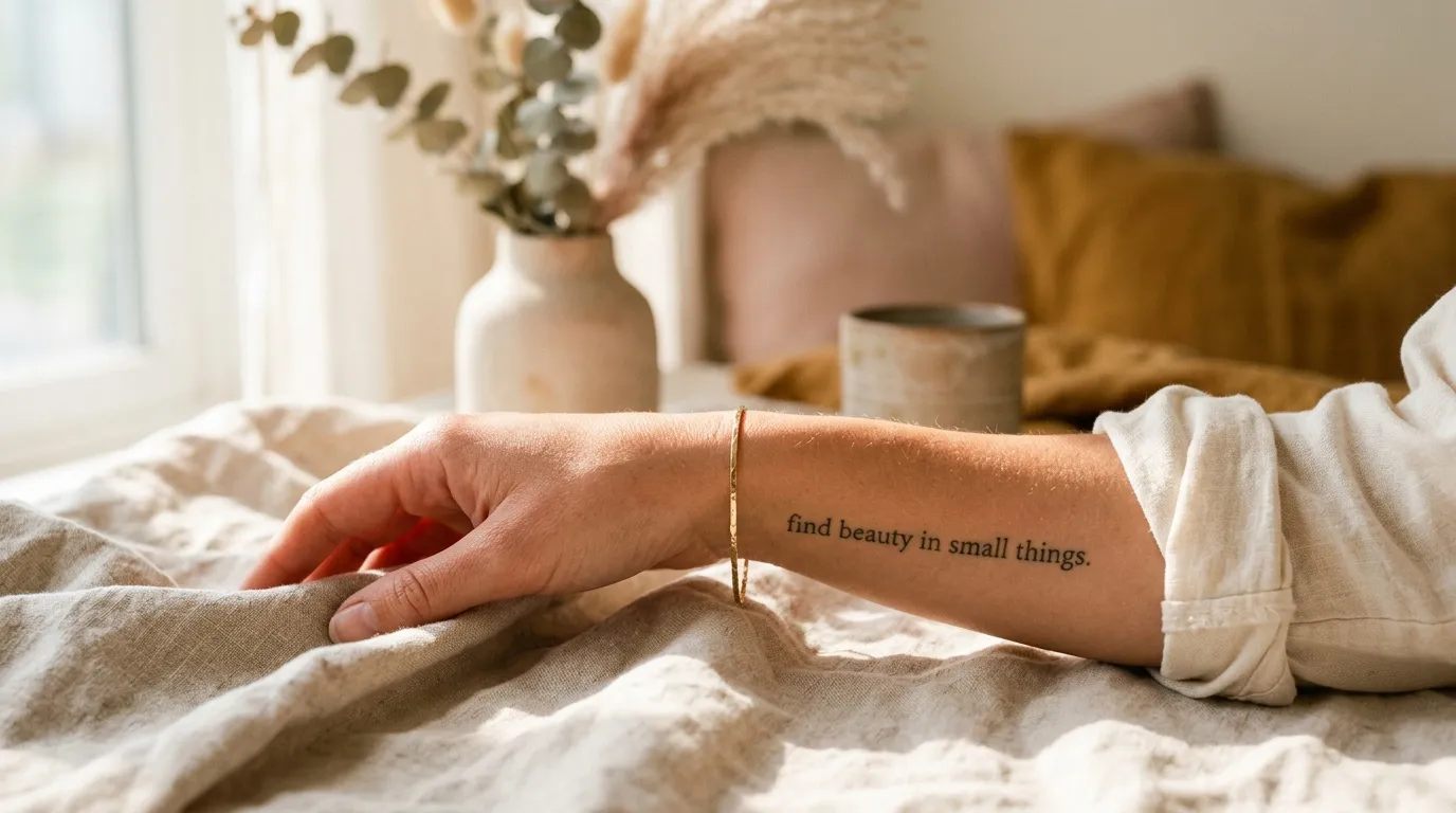 Bras tatoué avec citation inspirante sur un lit