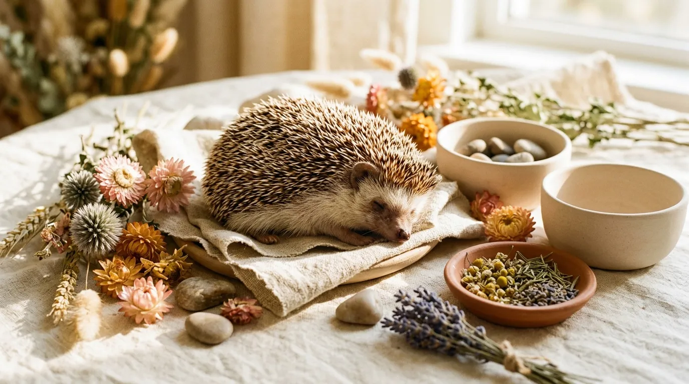 H&eacute;risson sur tissu blanc avec fleurs s&eacute;ch&eacute;es et herbes aromatiques