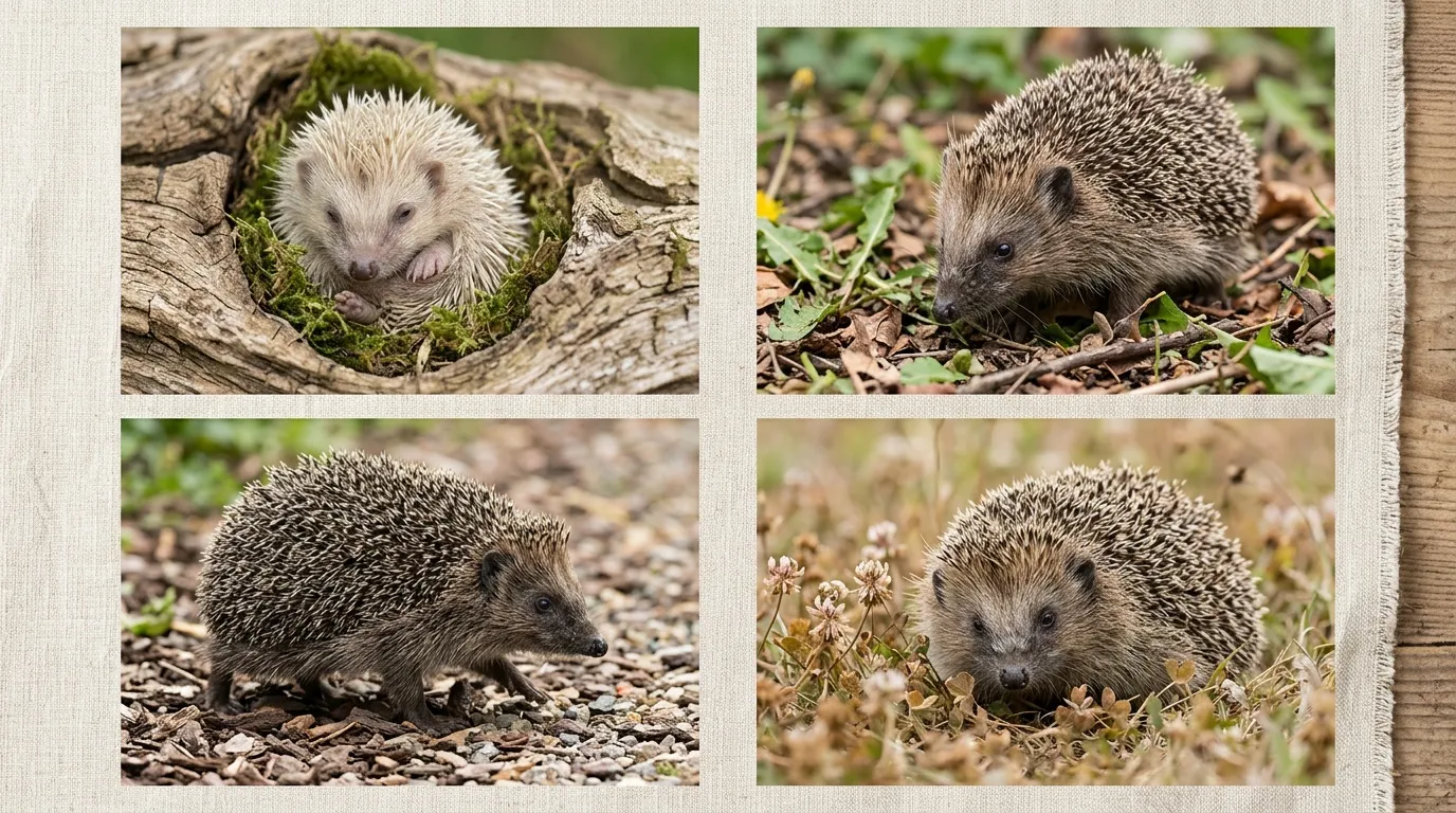 Quatre h&eacute;rissons photographi&eacute;s en nature, sur terre et mousses