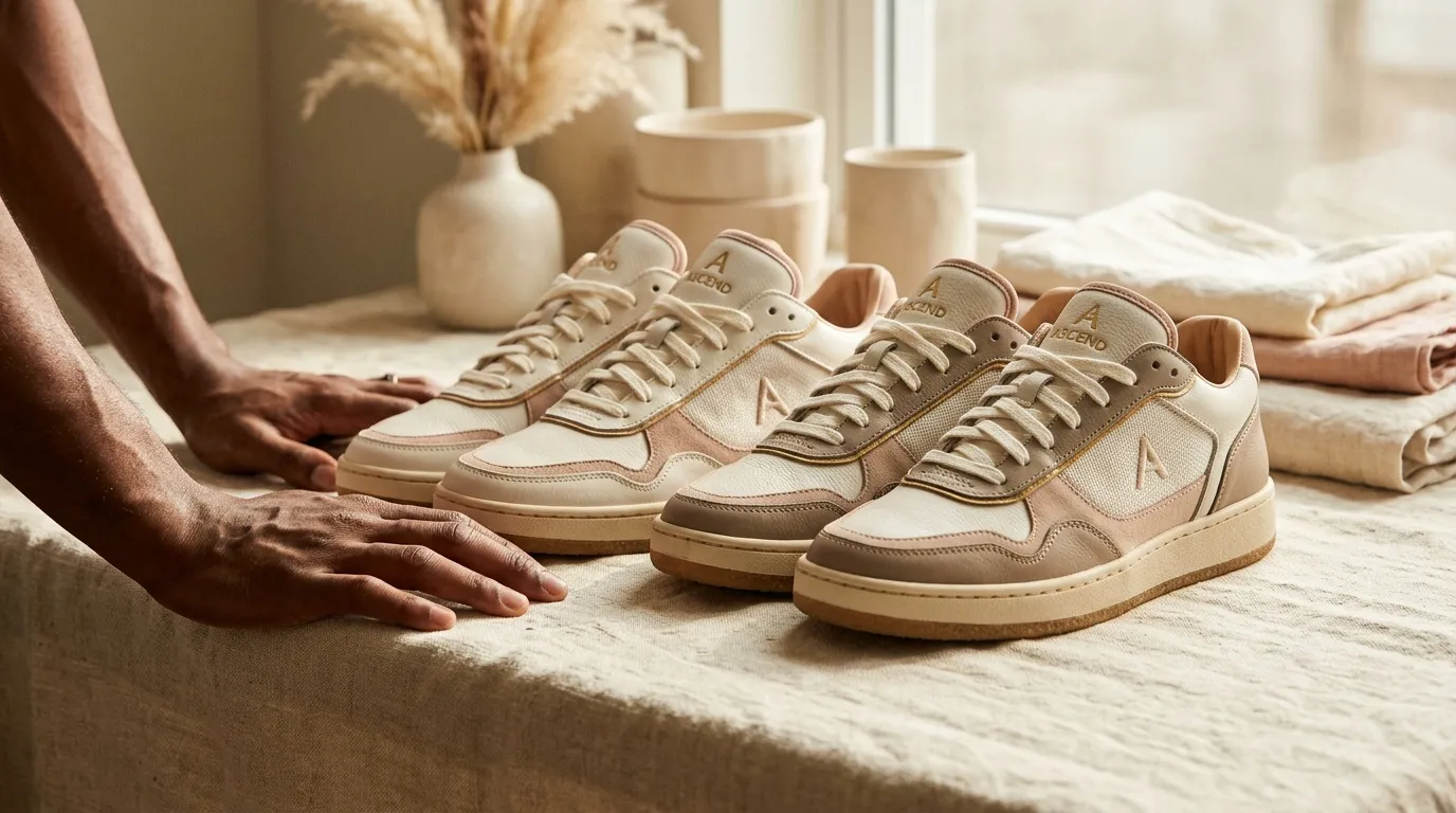 Paires de baskets beiges alignées sur tissu naturel