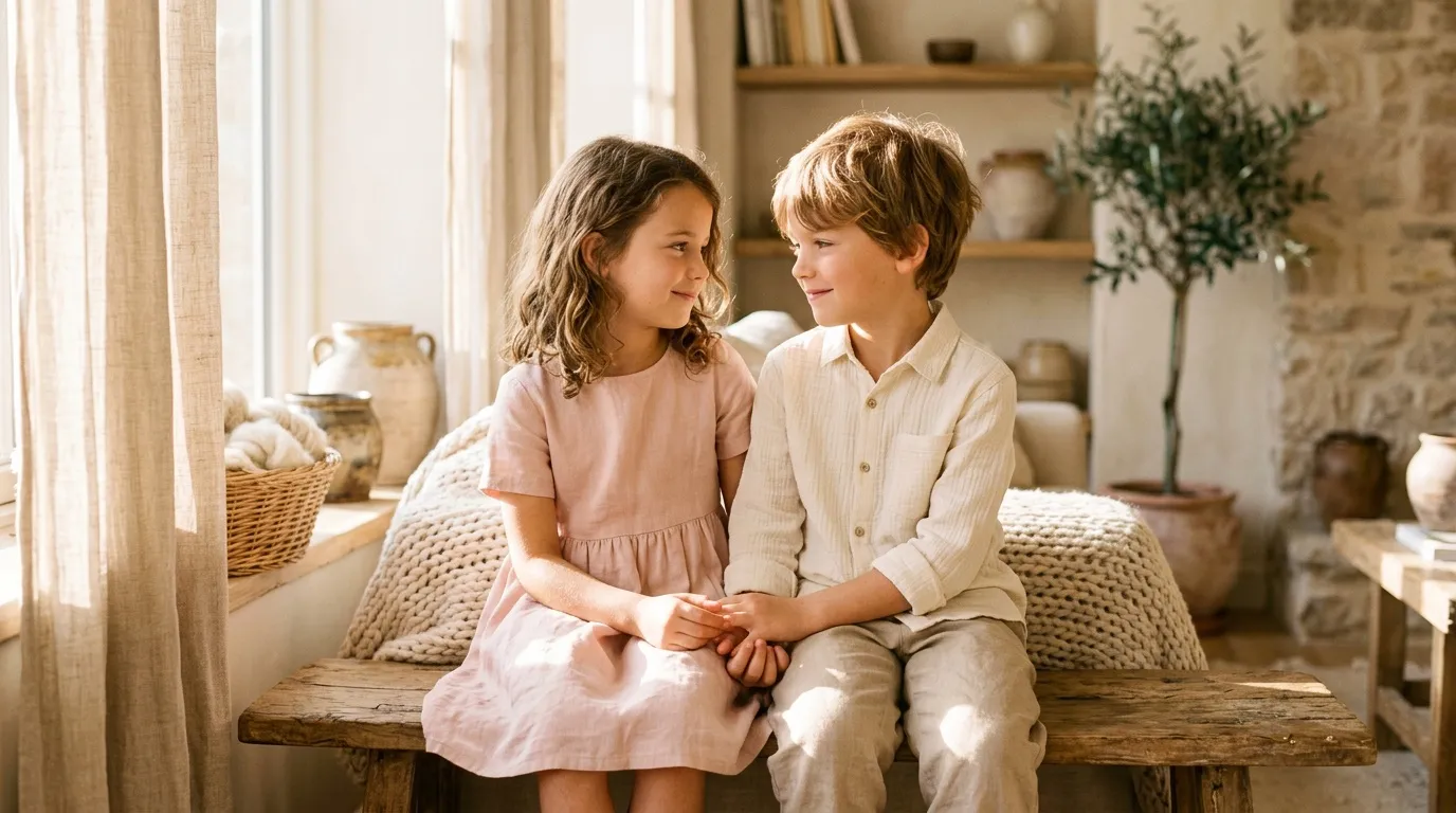 Deux enfants assis ensemble, se tenant les mains dans une pièce ensoleillée.