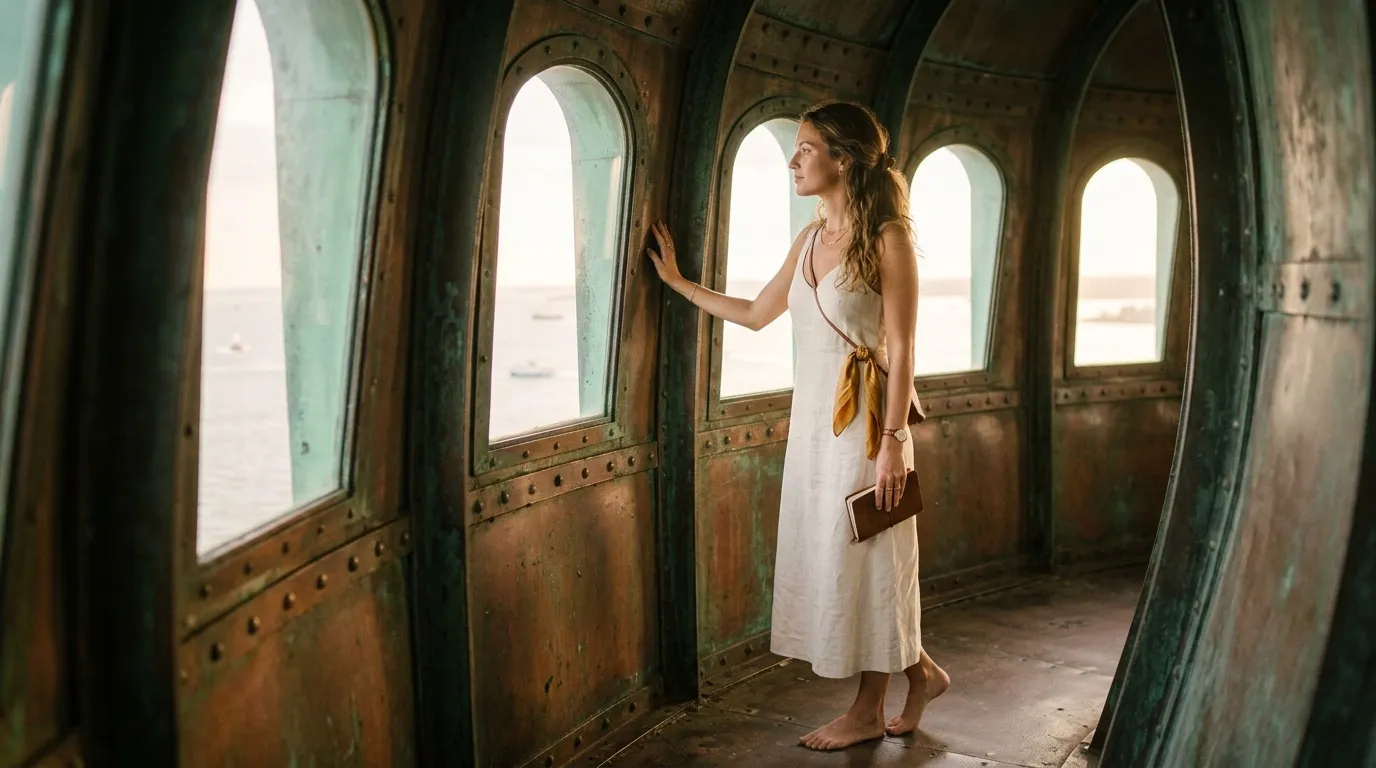 Femme en robe blanche regardant par hublot de bateau