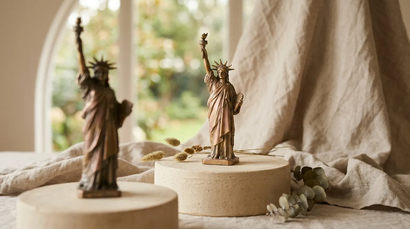 Deux statuettes dor&eacute;es de la Libert&eacute; sur socles en pierre