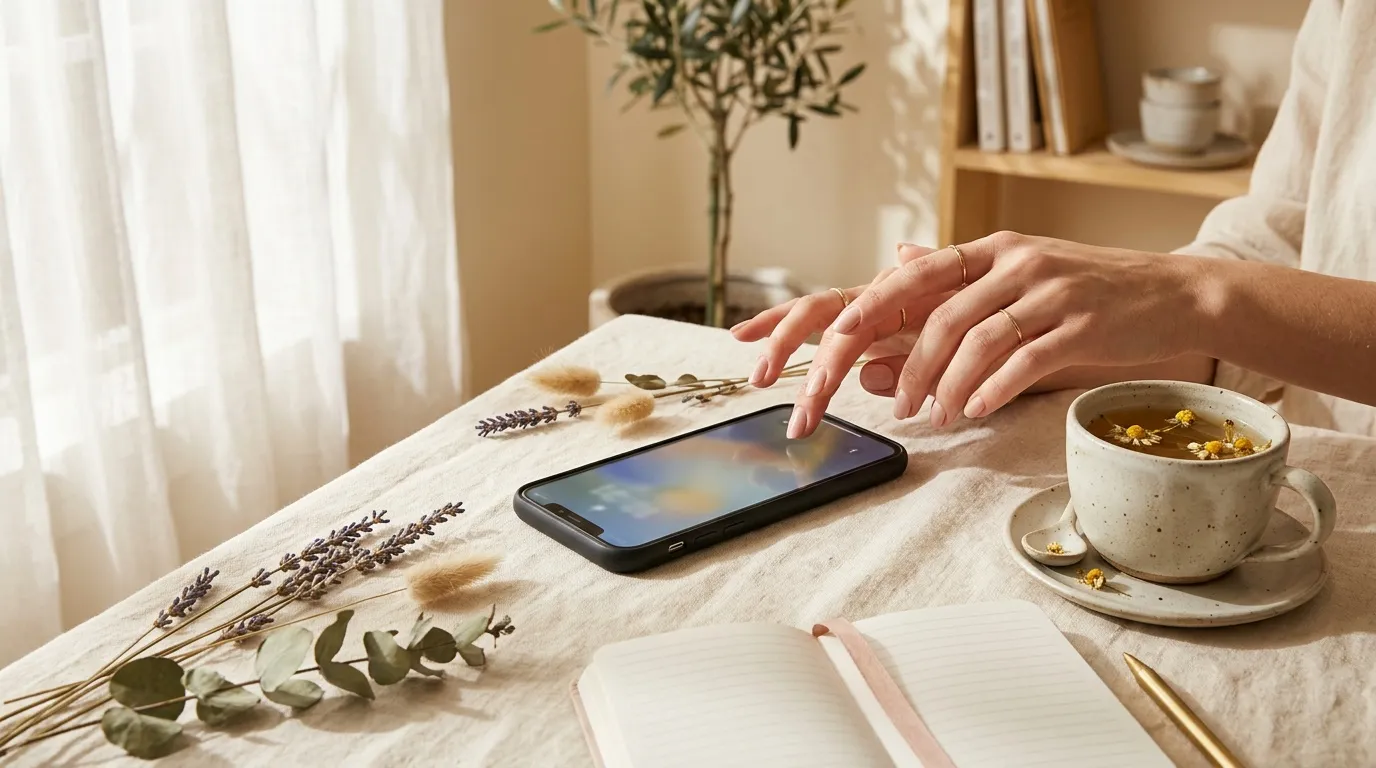 Femme utilisant smartphone avec th&eacute; et plantes d&eacute;coratives