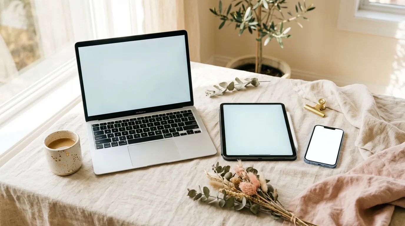 Laptop, tablet et smartphone sur bureau avec caf&eacute; et fleurs