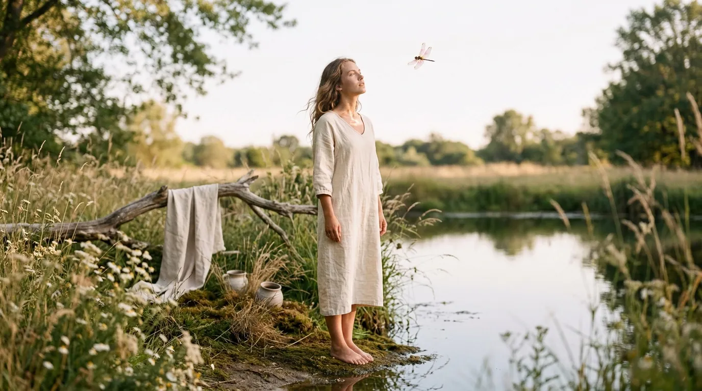 Fille en robe blanche observant une libellule pr&egrave;s de l'eau