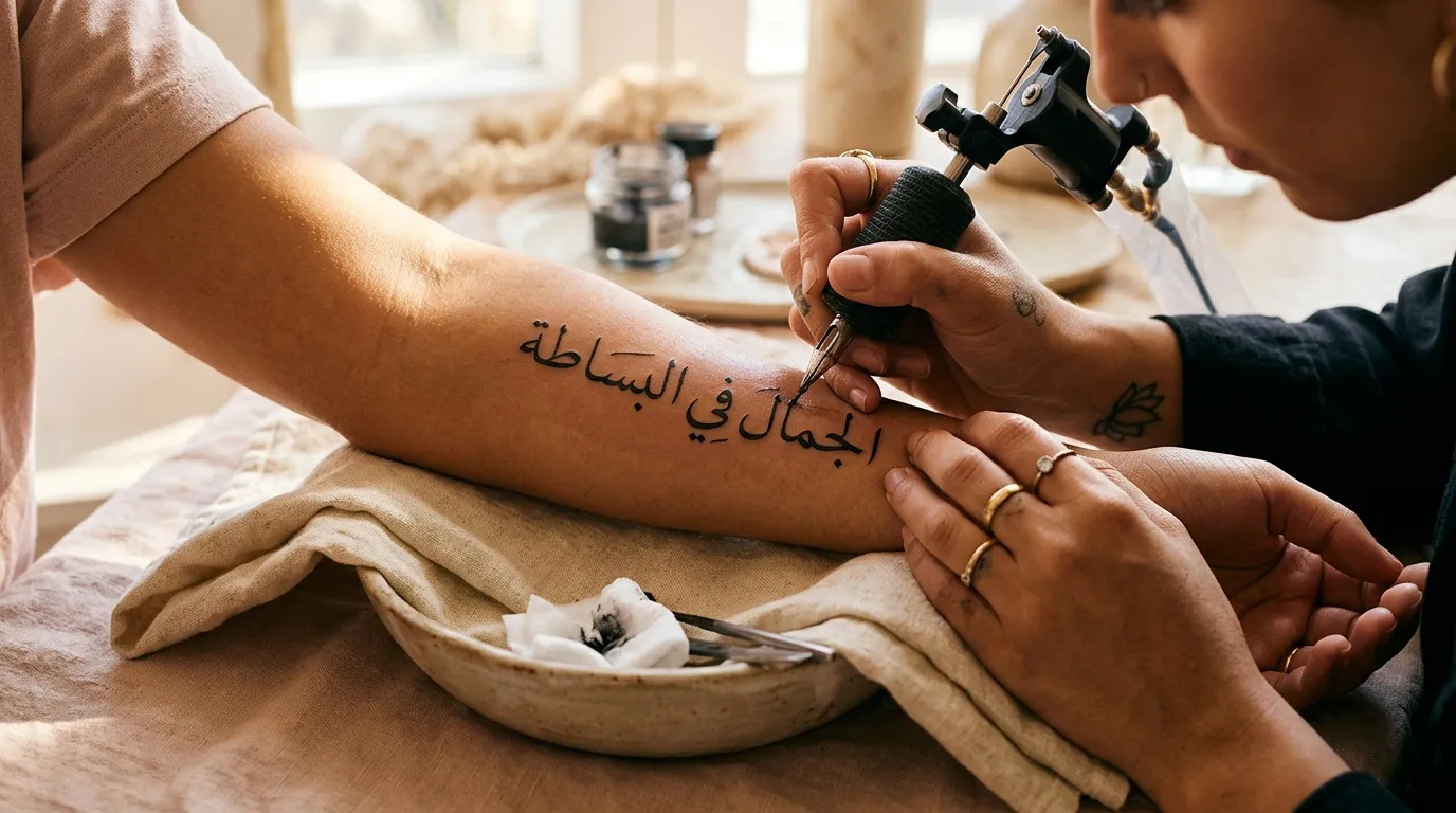Artiste tatoue des caract&egrave;res arabes sur le bras d'un client
