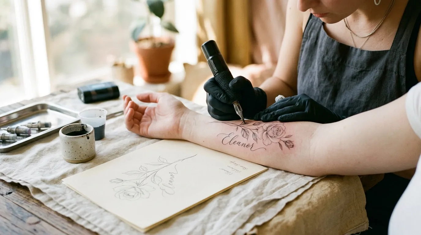 Tatoueur appliquant un tatouage floral sur le bras d'une cliente