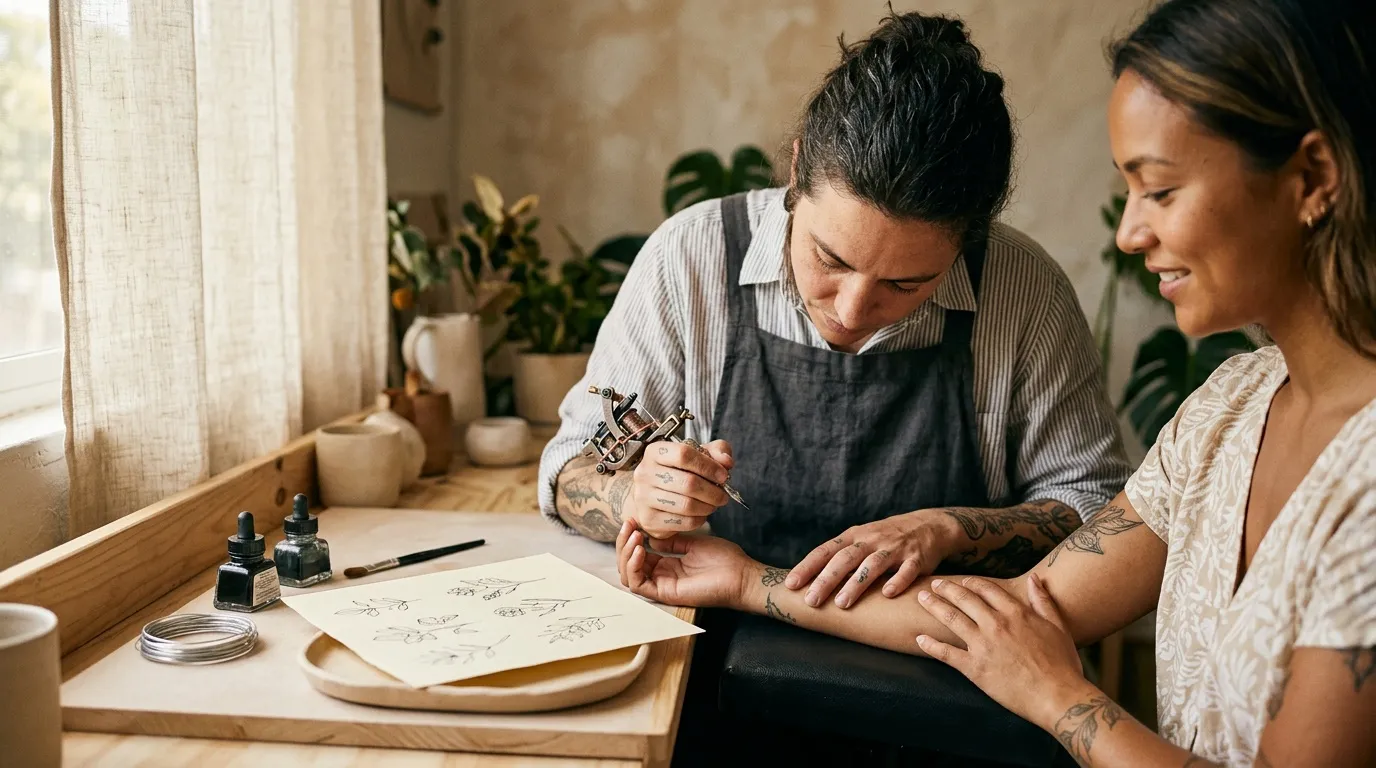 Tatoueur professionnel travaillant sur le bras d'une cliente