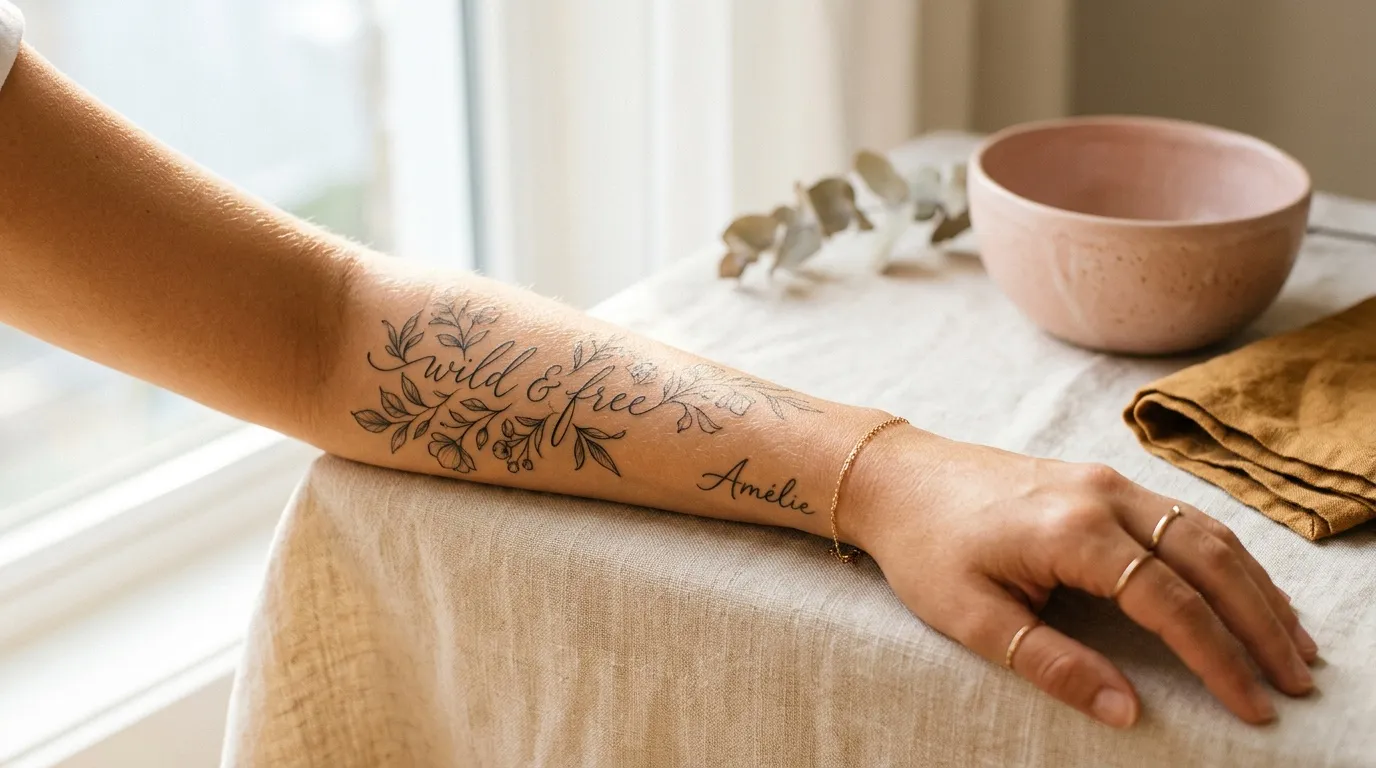 Bras tatou&eacute; avec inscriptions florales et nom Amelie