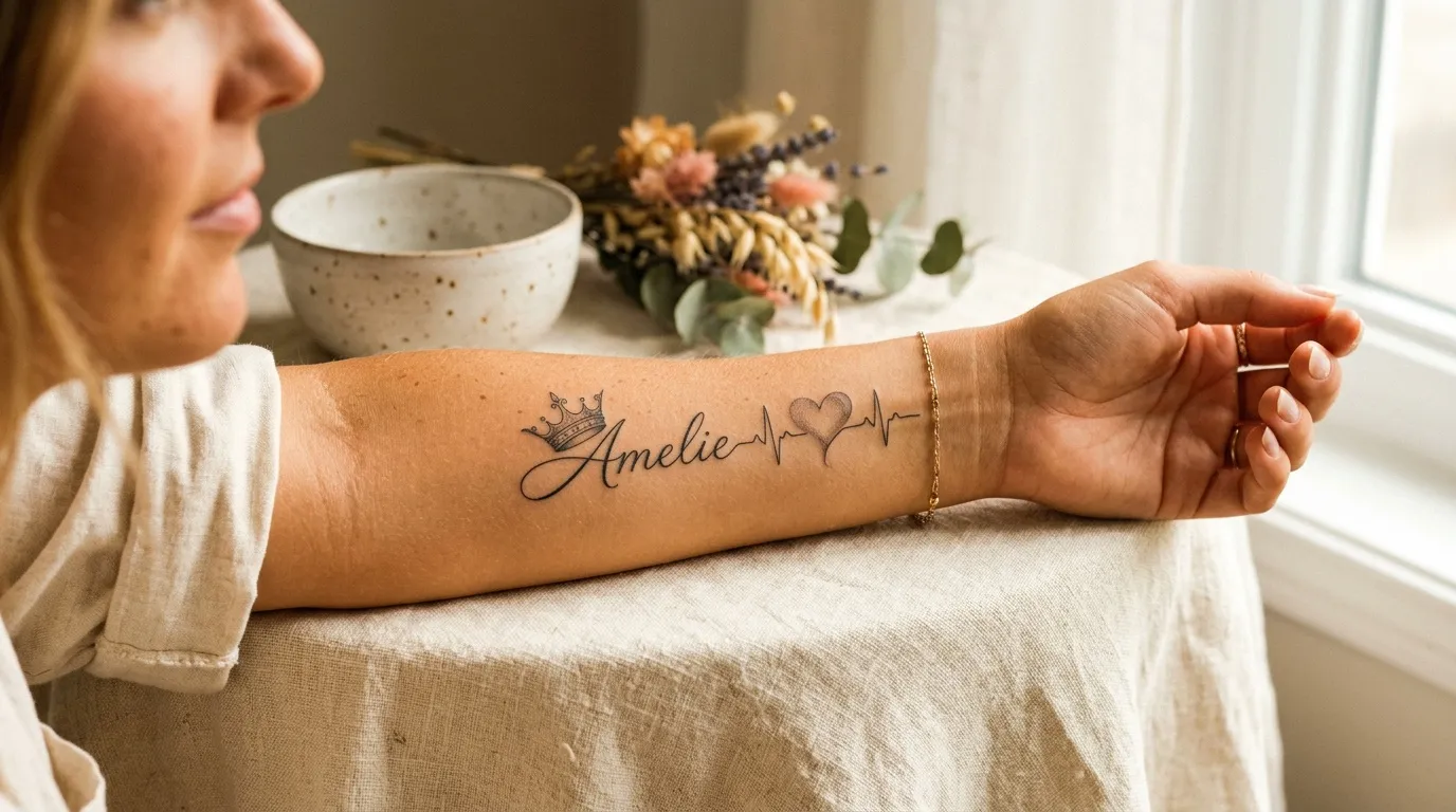 Femme montrant son tatouage avec le pr&eacute;nom Amelie
