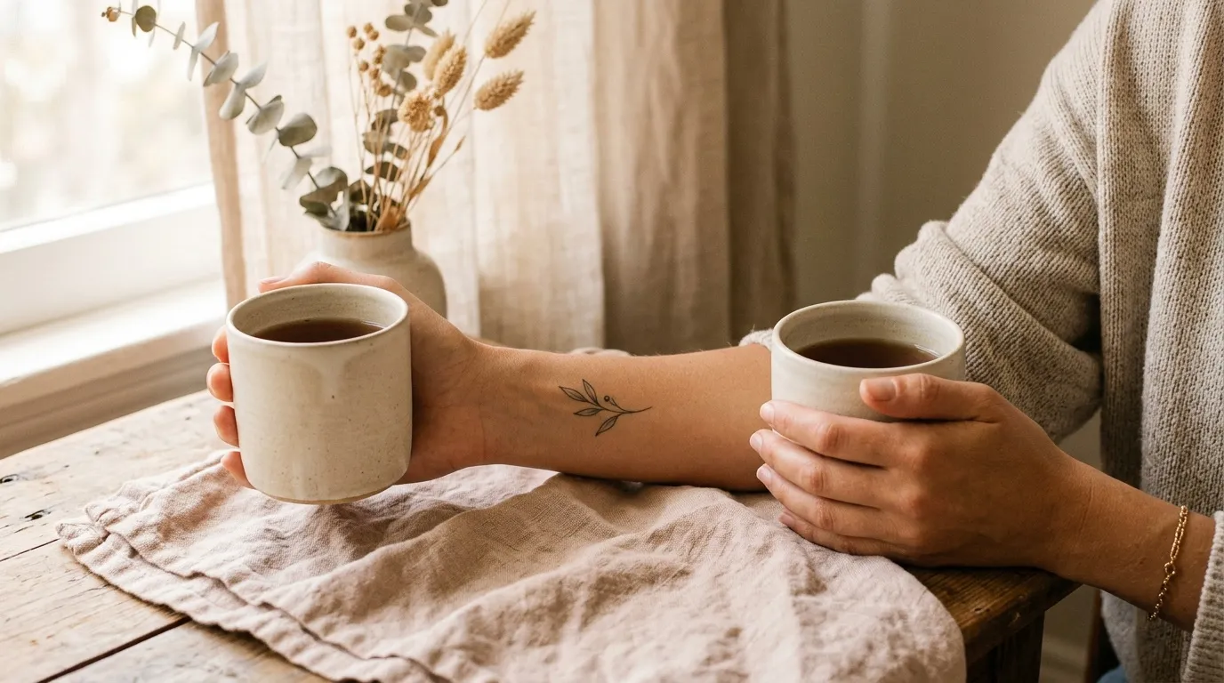 Personne tenant deux tasses de caf&eacute; pr&egrave;s d'une fen&ecirc;tre