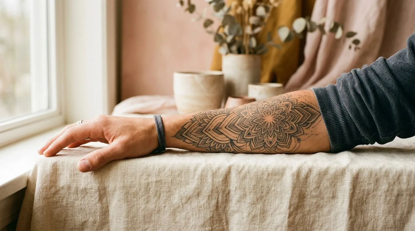 Personne avec tatouage g&eacute;om&eacute;trique mandala sur l'avant-bras