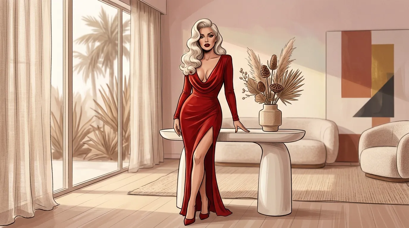 Femme en robe rouge dans un int&eacute;rieur luxueux contemporain