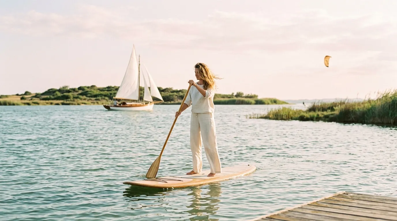 Femme en blanc sur paddle-board, voilier et cerf-volant en arri&egrave;re-plan