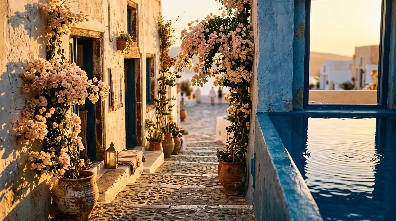 All&eacute;e blanche bord&eacute;e fleurs roses, vue mer bleue